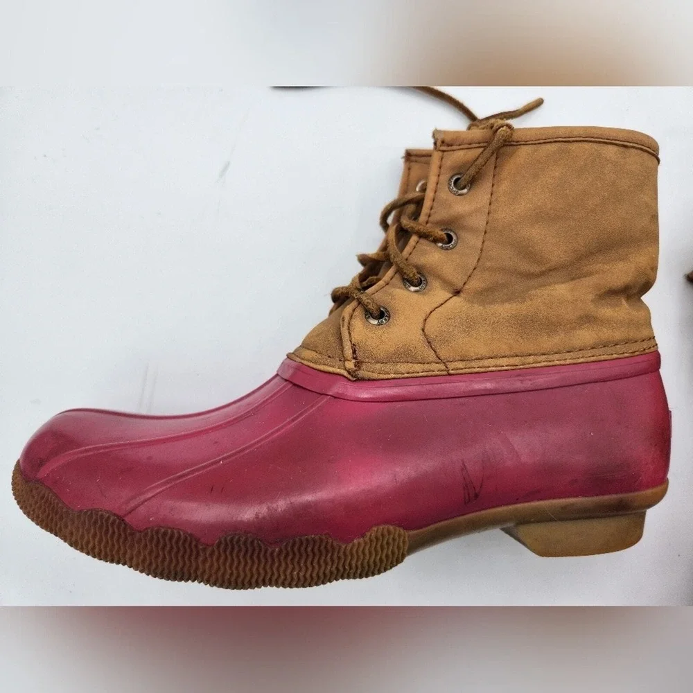 Sperry Top-Sider Duck Boots Pink Tan Lace Up Ankle Boots Rubber Sole Shoes‎